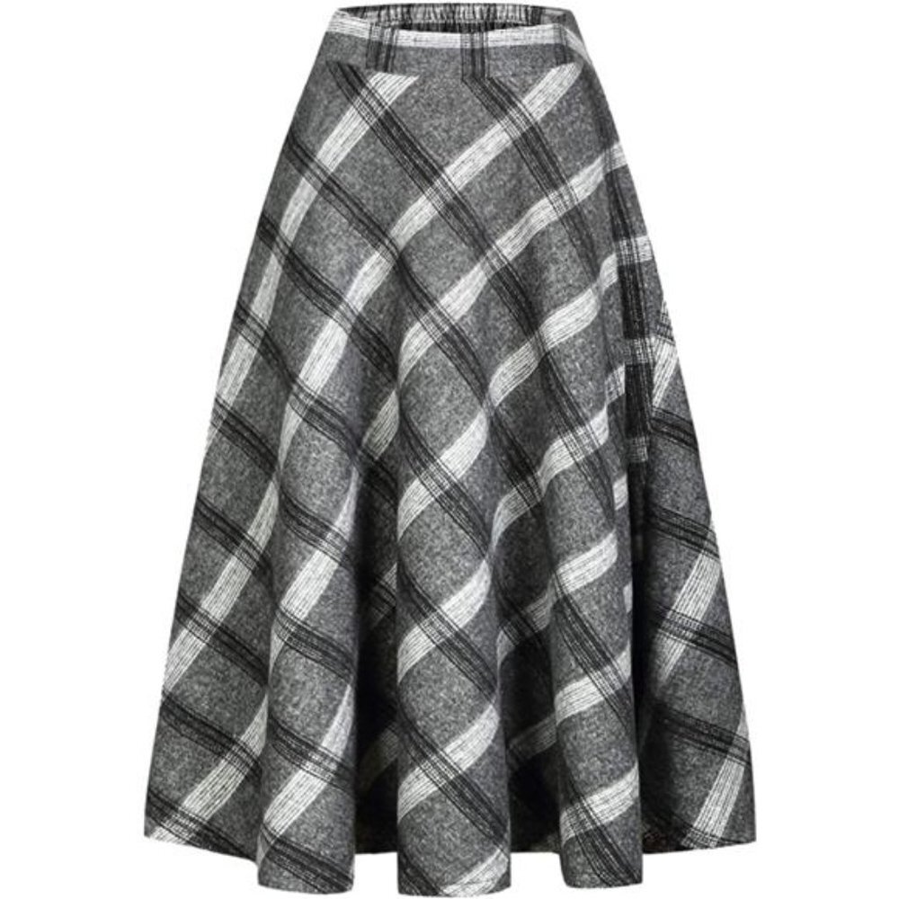 Women's High Elastic Waist Maxi Skirt A-line Plaid Winter Warm Flare Long Skirts